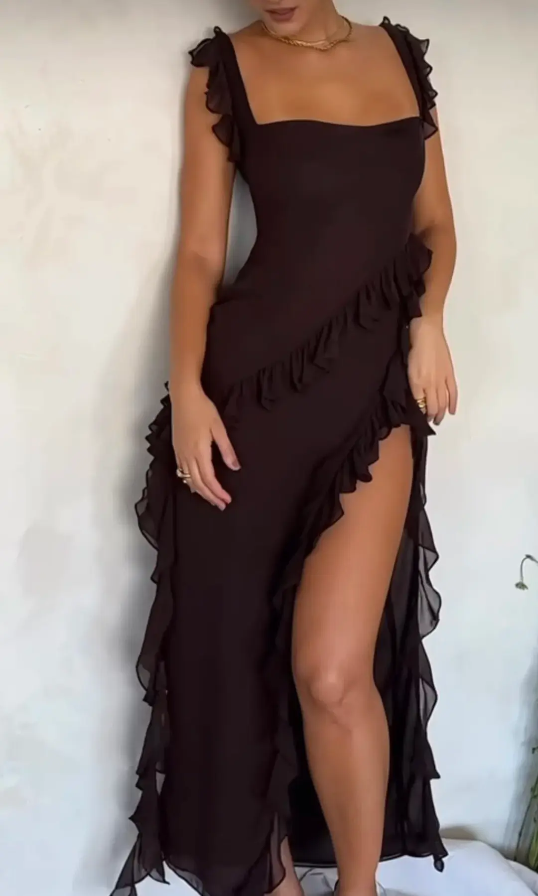 House Of CB Ariela Ruffle Maxi Dress Brown Size S / AU 8 for rent on The Volte - main image
