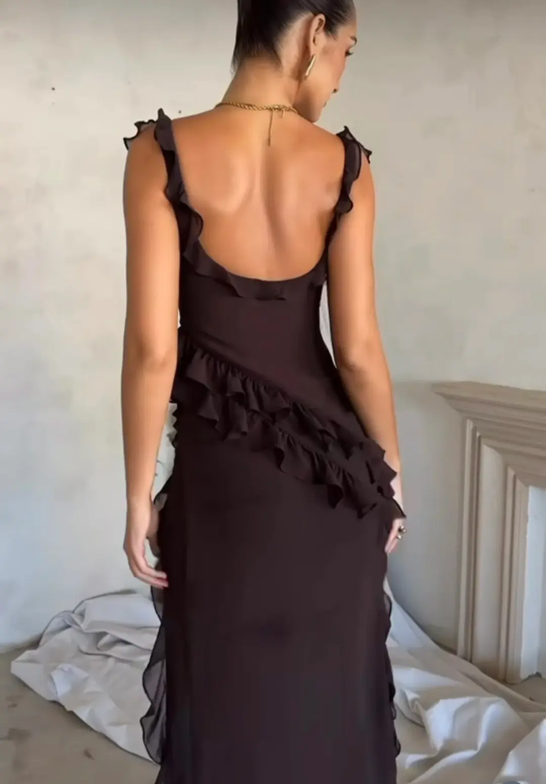 House Of CB Ariela Ruffle Maxi Dress Brown Size S / AU 8 for rent on The Volte - main image