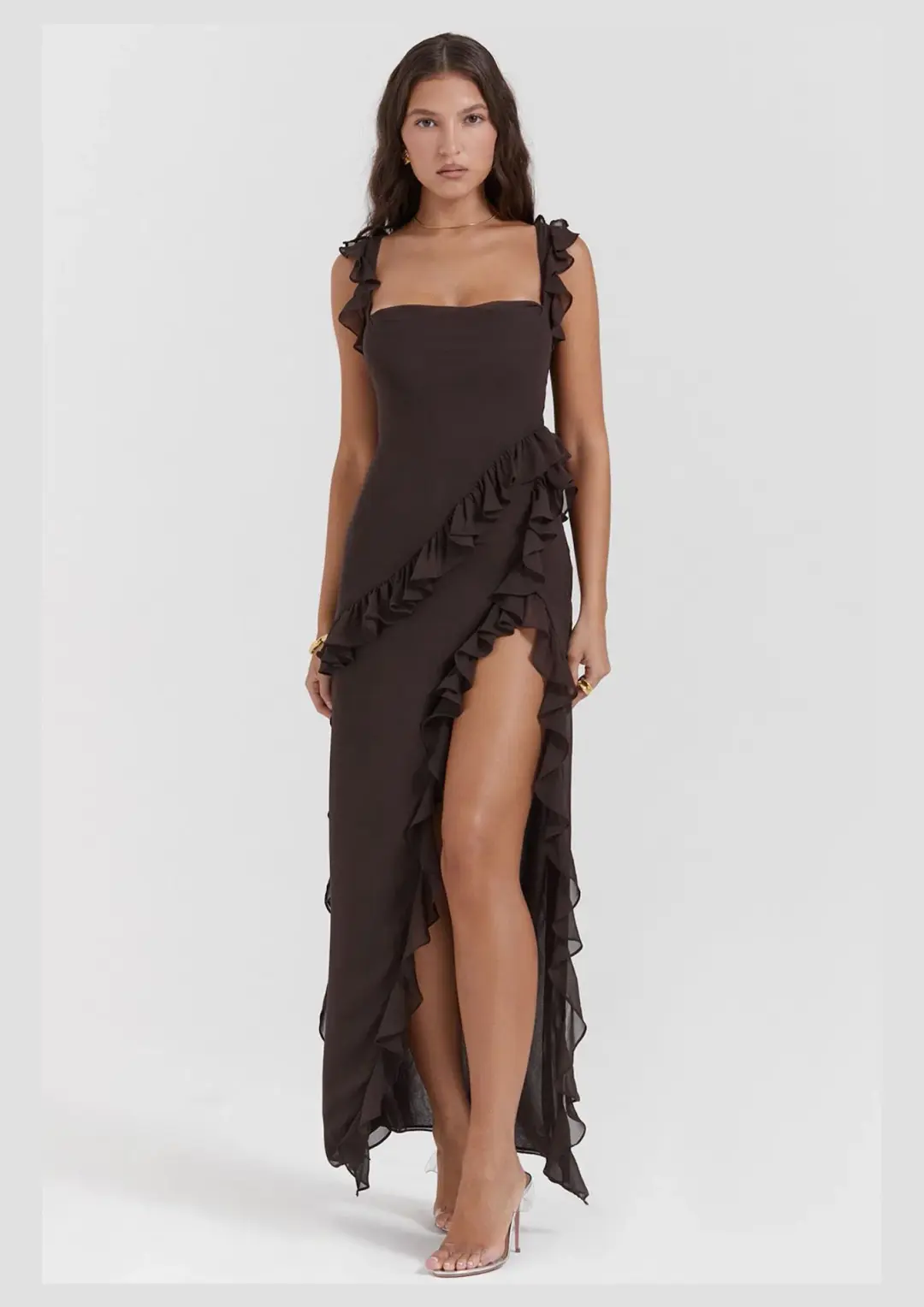 House Of CB Ariela Ruffle Maxi Dress Brown Size S / AU 8 for rent on The Volte - main image
