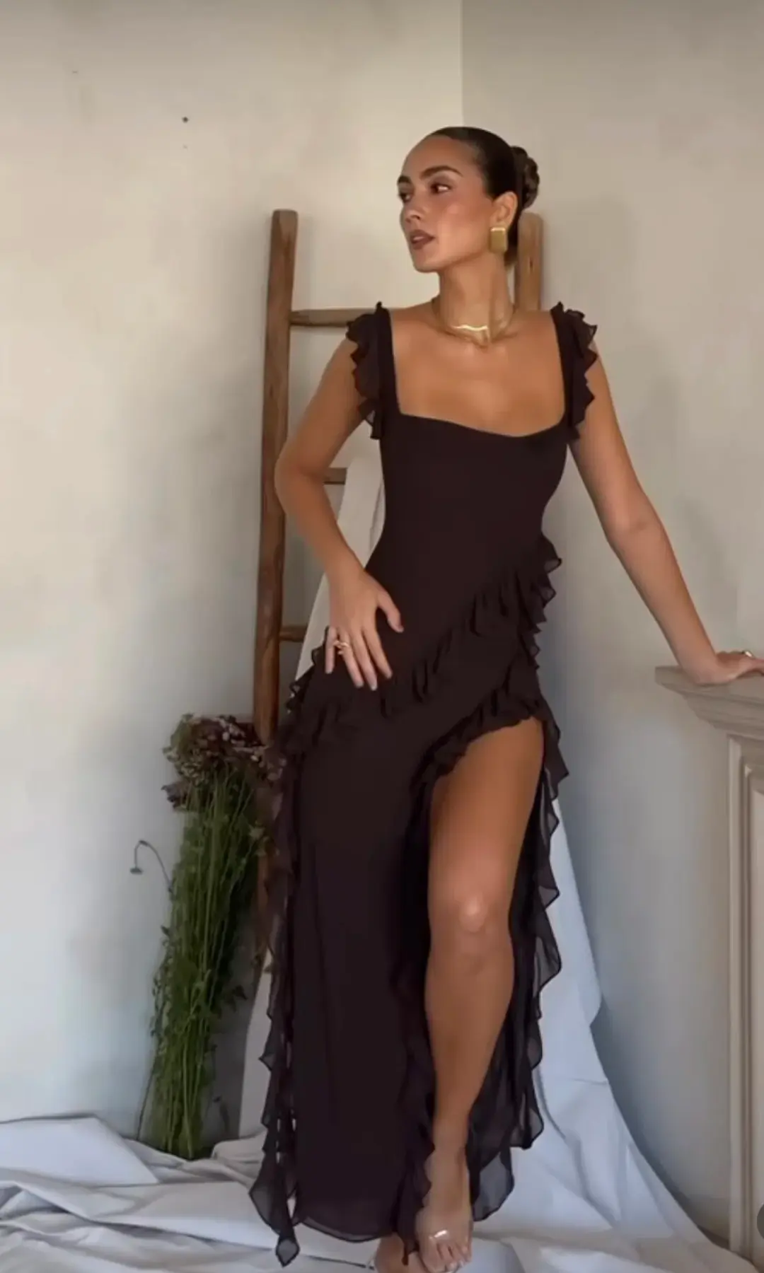 House Of CB Ariela Ruffle Maxi Dress Brown Size S / AU 8 for rent on The Volte - main image