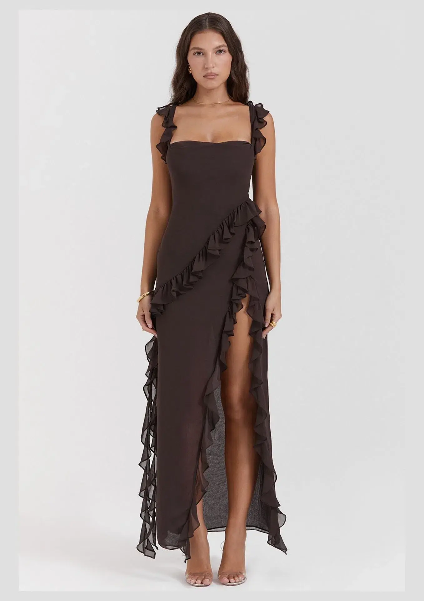 House Of CB Ariela Ruffle Maxi Dress Brown Size XS / AU 6 - Image 1
