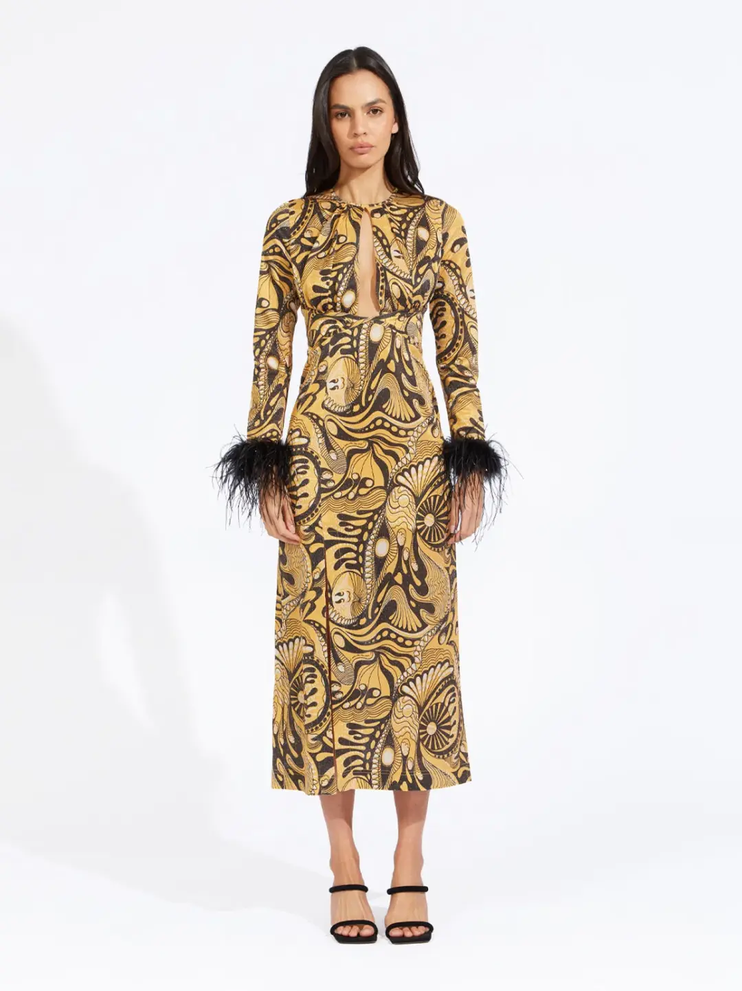 Alice McCall Gold Dust Feathers Midi Dress Print Size 10 AU for rent on The Volte - main image