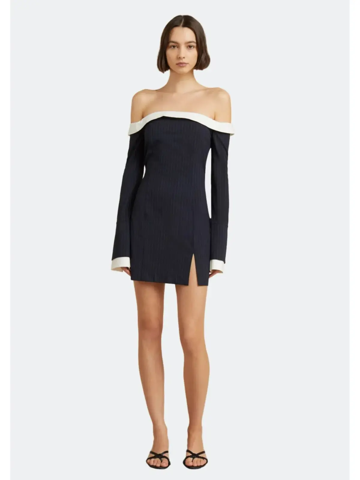 Bec & Bridge Cece Off Shoulder Mini Dress in Ink Pinstripe Size XS / AU 6 - Image 1