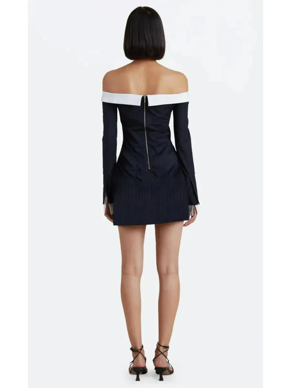 Bec & Bridge Cece Off Shoulder Mini Dress in Ink Pinstripe Size XS / AU 6 - Image 3