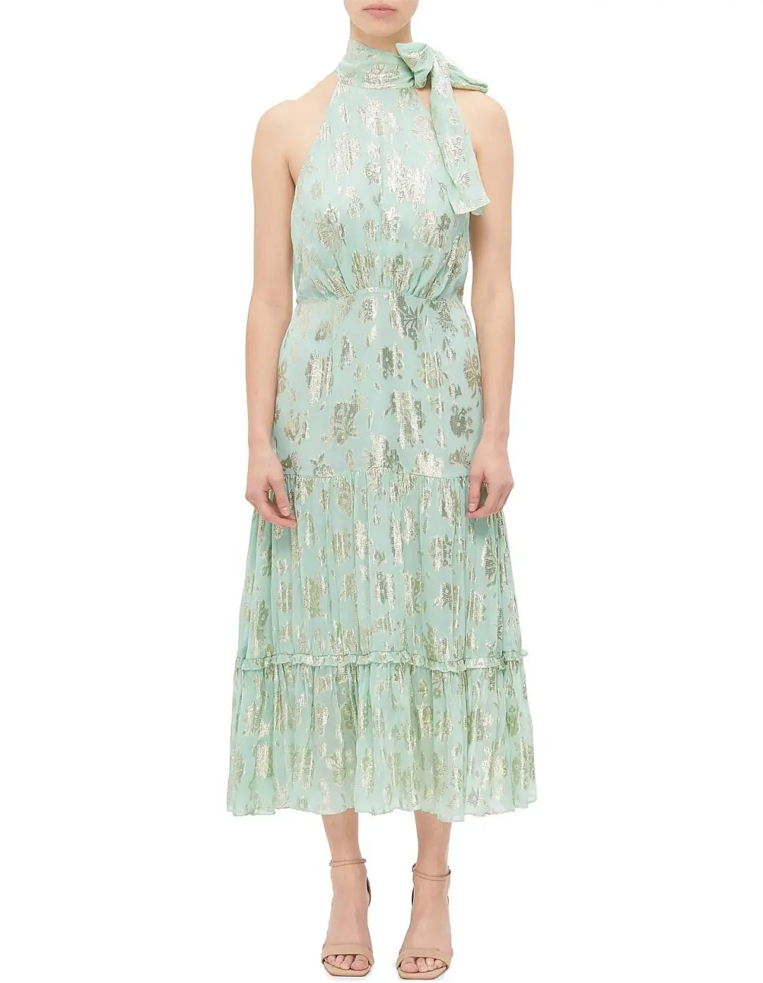 Rixo Valerie Silk Midi Dress Metallic Mint Size  for rent on The Volte - main image