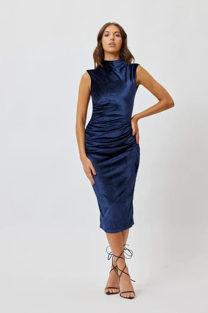 Bianca And Bridgett Velvet Midi Length Dress In Navy Size 16 - Image 3