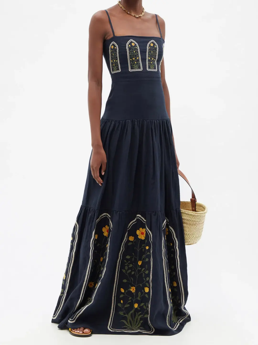 Agua By Agua Bendita Lima Margarita Embroidered Linen Maxi Dress Blue Size 8  for rent on The Volte - main image