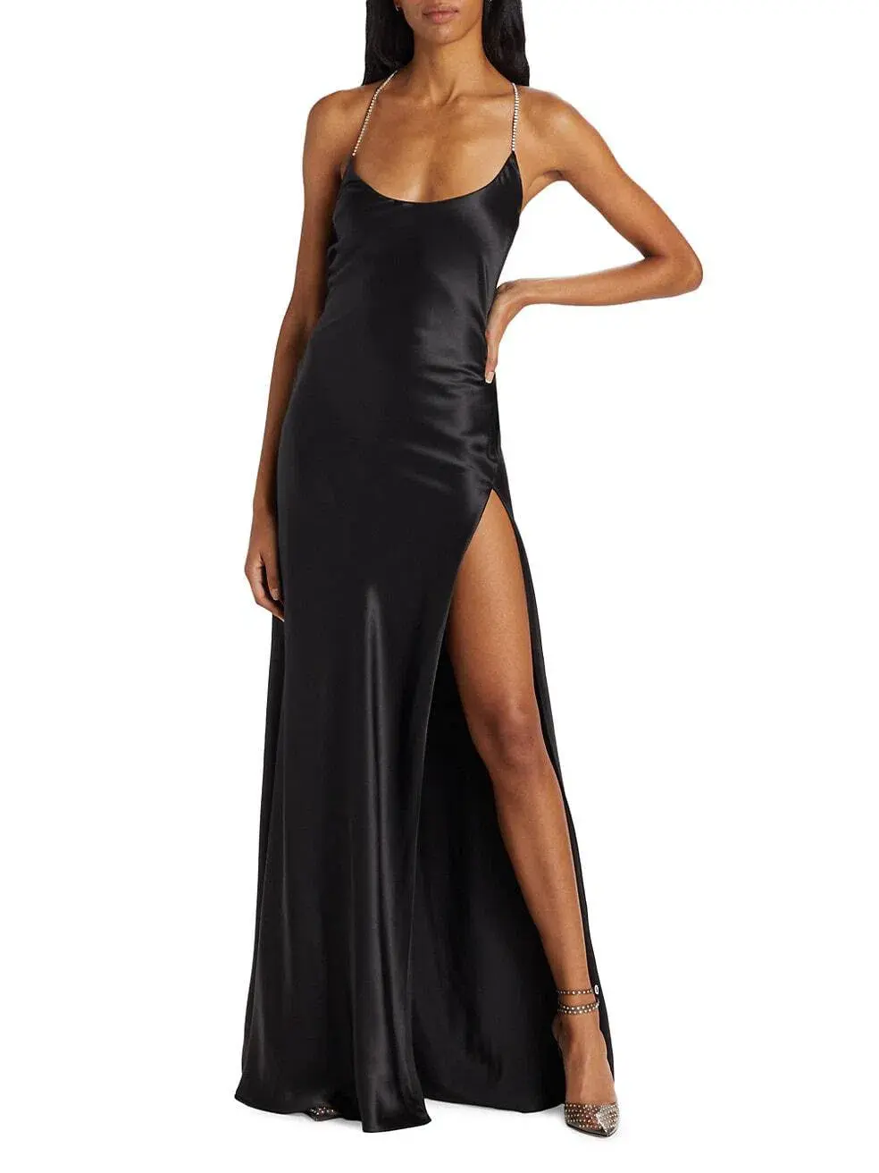 Michael Lo Sordo Cleo Scoop Neck Bias Crystalline Maxi Dress Black Size 8 - Image 1