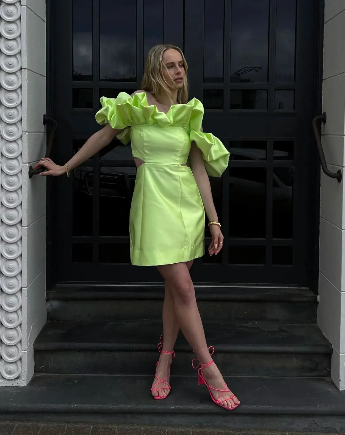 Alemais Suzi Off Shoulder Mini Dress in Chartreuse Size 8 - Image 3