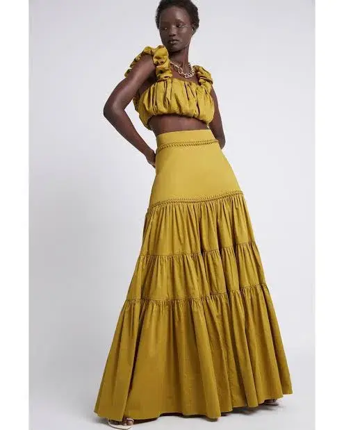Aje Palms Puff Sleeve Shirt and Casabianca Tiered Skirt Set Yellow Size 10 - Image 5