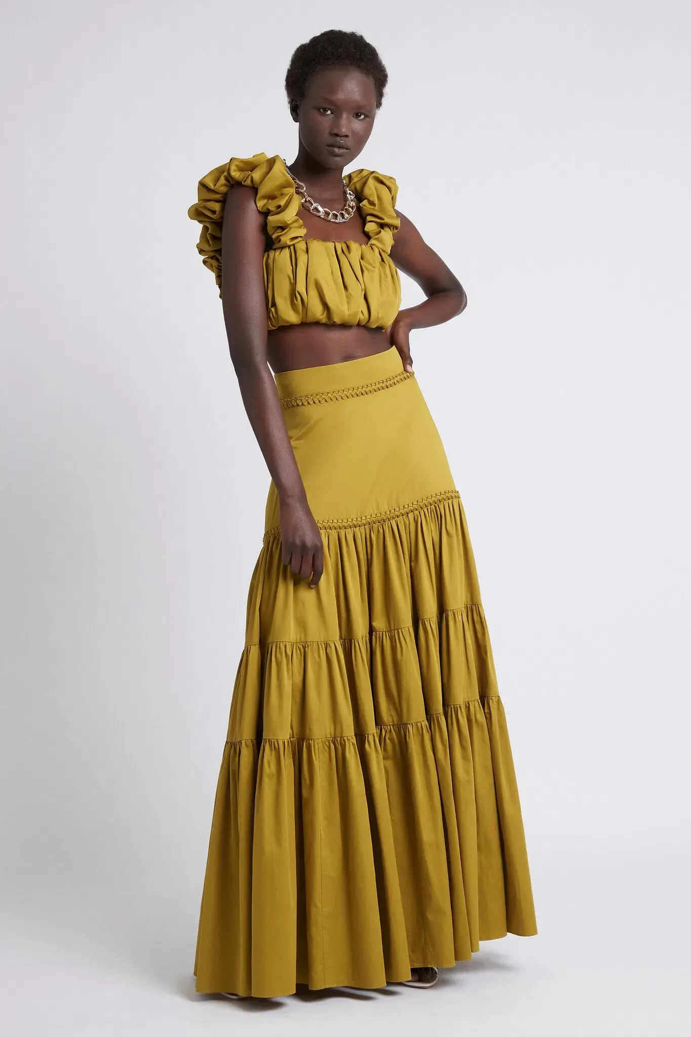 Aje Palms Puff Sleeve Shirt and Casabianca Tiered Skirt Set Yellow Size 10 - Image 4