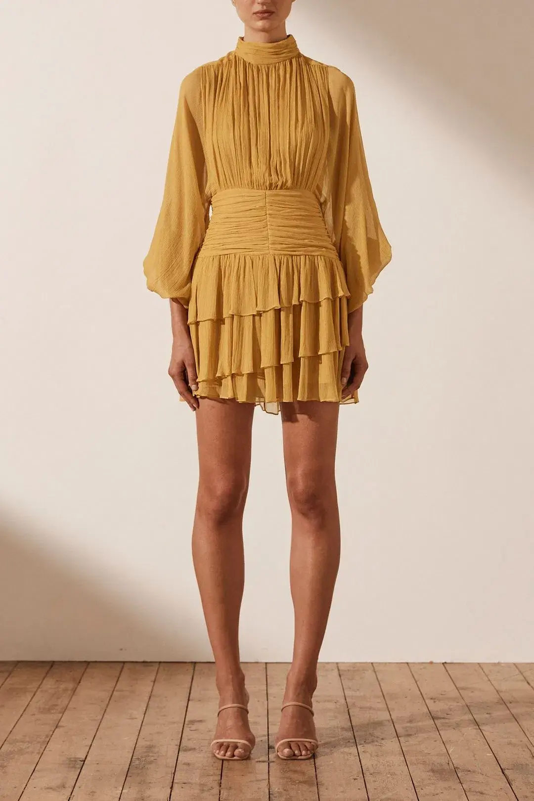 Shona Joy Iris Long Sleeve Ruched Mini Dress Saffron Yellow Size 12 - Image 1