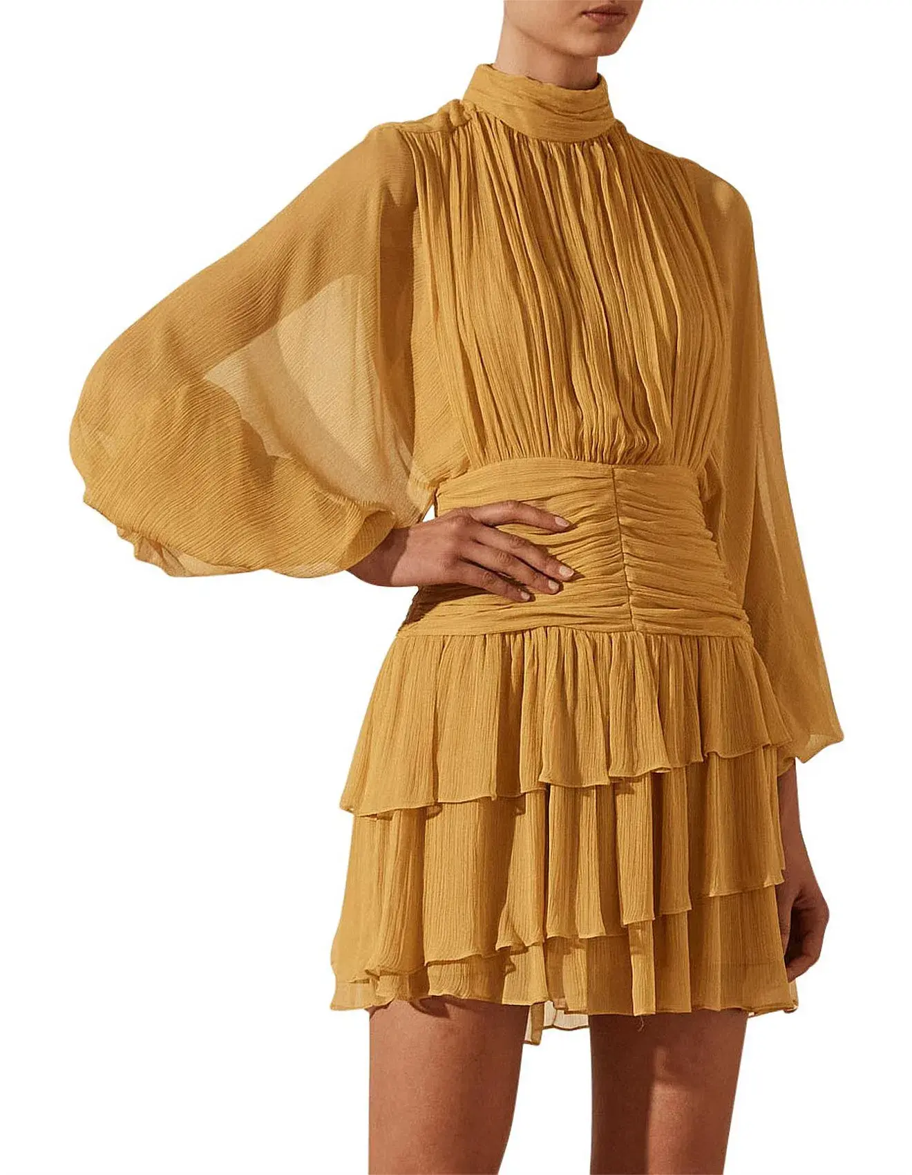 Shona Joy Iris Long Sleeve Ruched Mini Dress Saffron Yellow Size 12 - Image 2