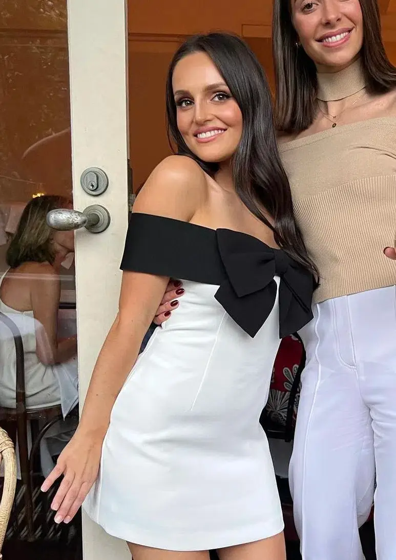 Self Portrait Off Shoulder Bow Mini Dress White/Black Size 10-12 - Image 1