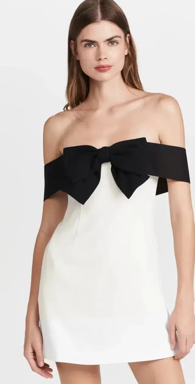 Self Portrait Off Shoulder Bow Mini Dress White/Black Size 10-12 - Image 4