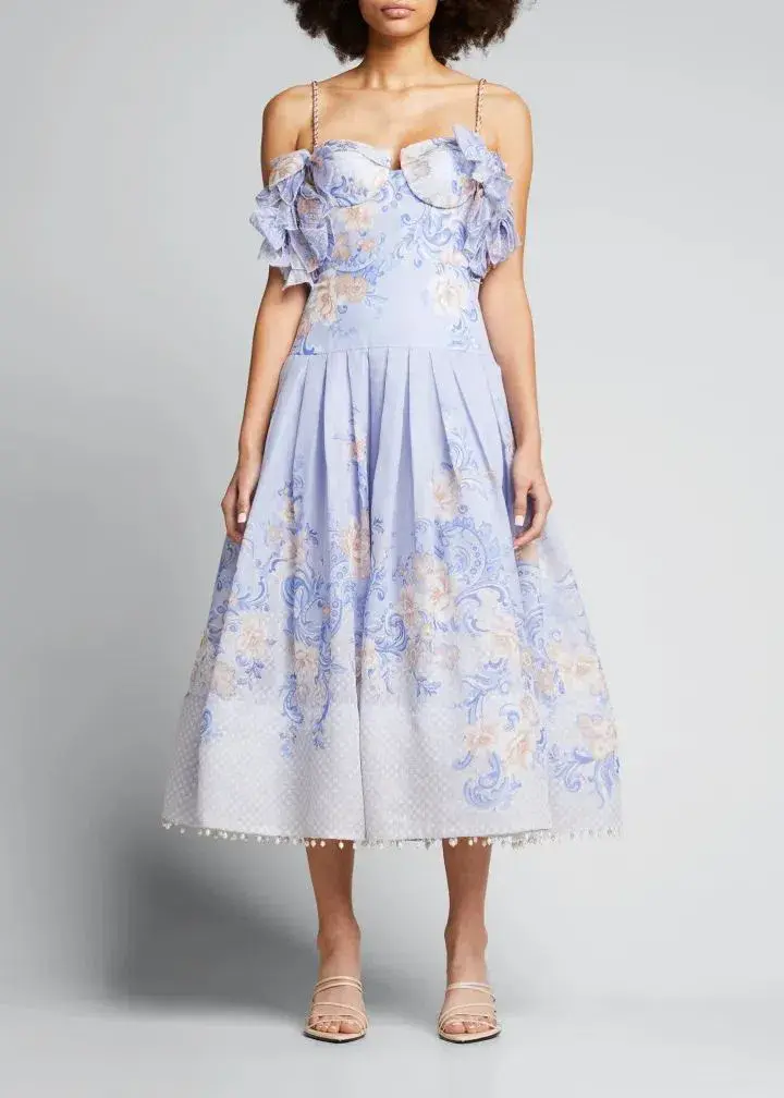 Zimmermann Postcard Bow Bodice Dress in Swirl Floral Blue Size 0/AU 8 - Image 1