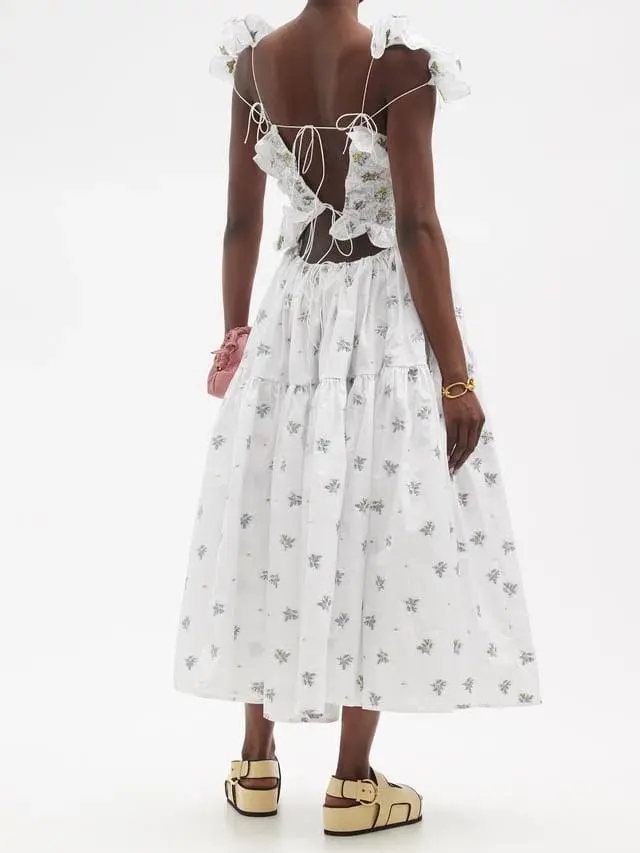Cecilie Bahnsen Livia Embroidered Tie Back Dress in White Size 8 - Image 2