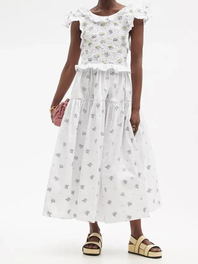 Cecilie Bahnsen Livia Embroidered Tie Back Dress in White Size 8 - Image 1