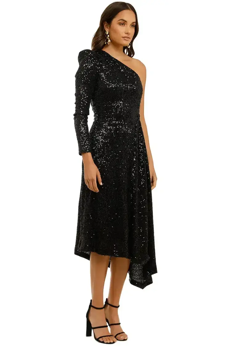 Rebecca Vallance Mona 1 Sleeve Midi Dress Black Size 6 for rent on The Volte - main image