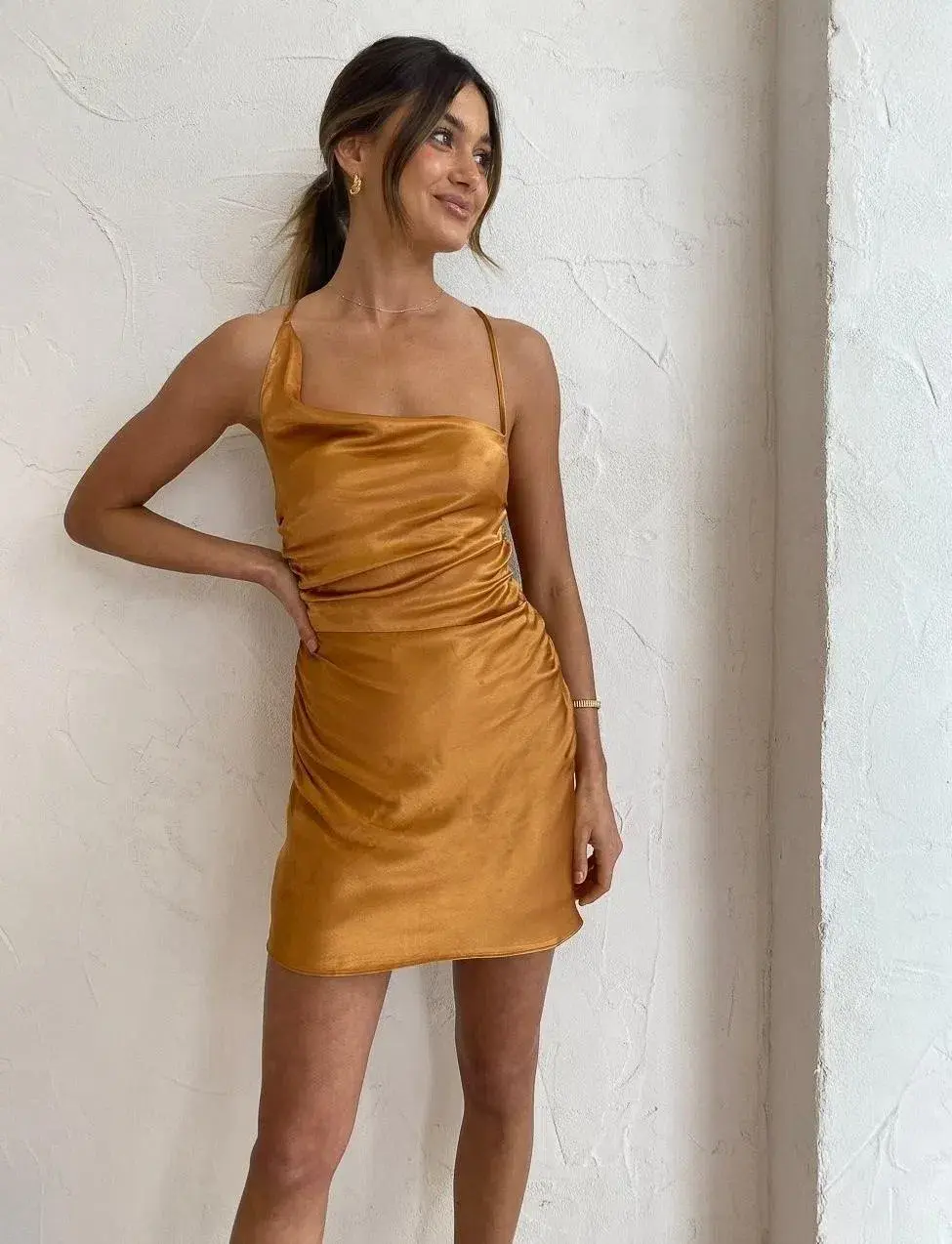 Shona Joy Alma Asymmetric Bias Cowl Midi Dress Tumeric Size 6  for rent on The Volte - main image