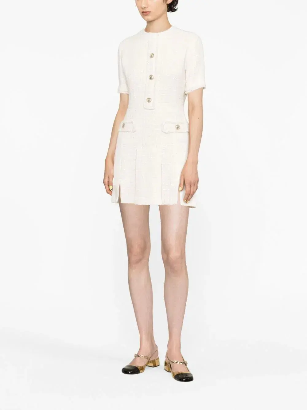 Maje Button Embellished Tweed Minidress White Size 6 - Image 1