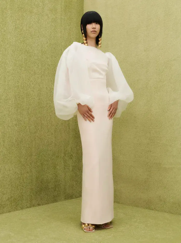 Solace London Ziya Puff Sleeve Evening Dress Ivory Size 8 for rent on The Volte - main image