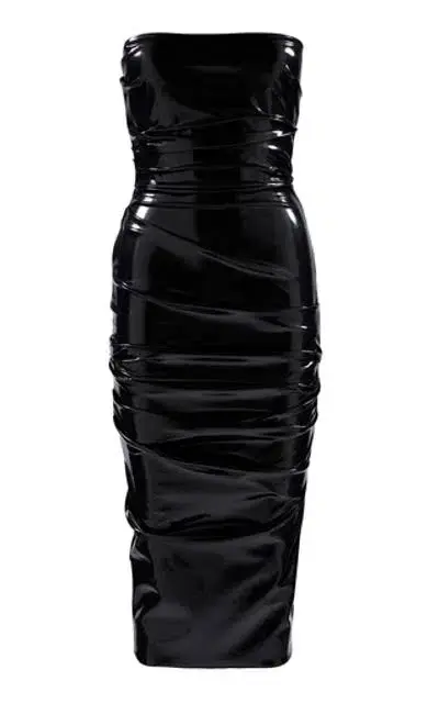 Alex Perry Decon Ruched Faux Leather Dress Black Size 8 - Image 4