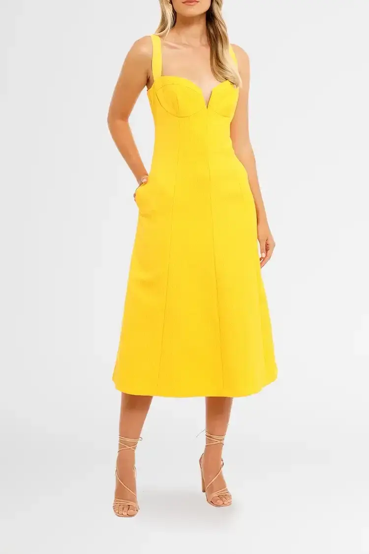 Rebecca Vallance Calla V Wire Midi Dress Yellow Size 10 - Image 1