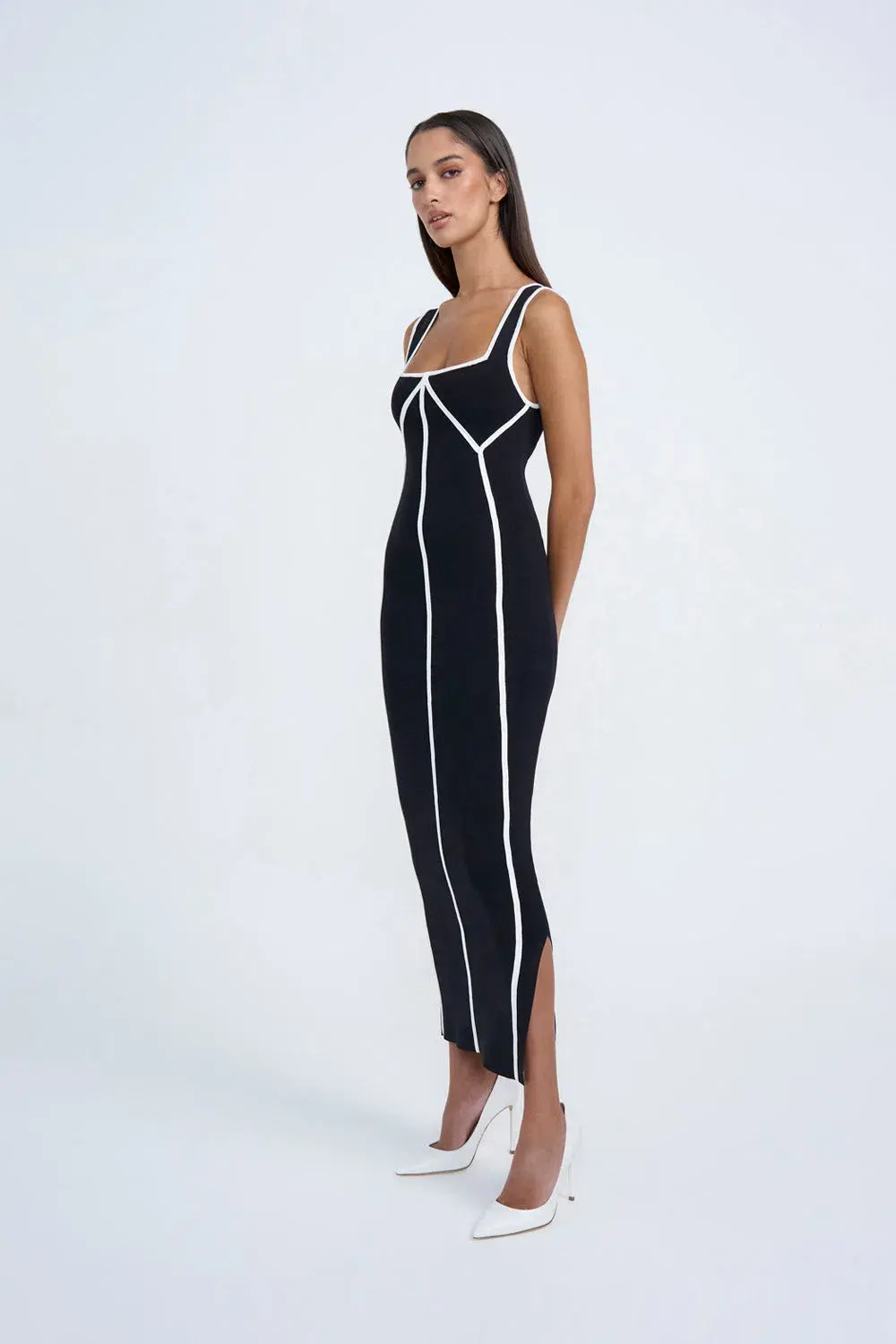 By Johnny Calina Contrast Knit Midi Dress Black Size 12  for rent on The Volte - main image