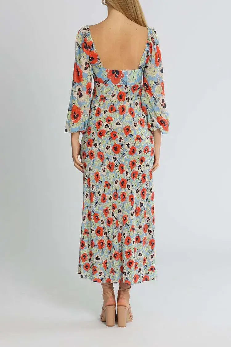 Rixo London Gio Neckline Midi Dress Blue Multi Print Size 14 - Image 3