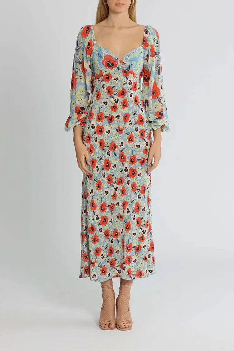 Rixo London Gio Neckline Midi Dress Blue Multi Print Size 14 - Image 1
