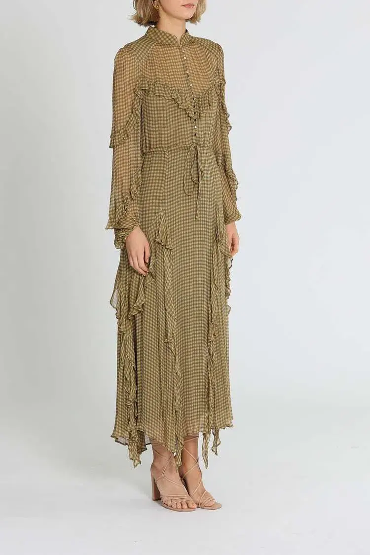 Shona Joy Eleonora Drawstring Frill Midi Dress Olive Khaki Print Size 10 - Image 2