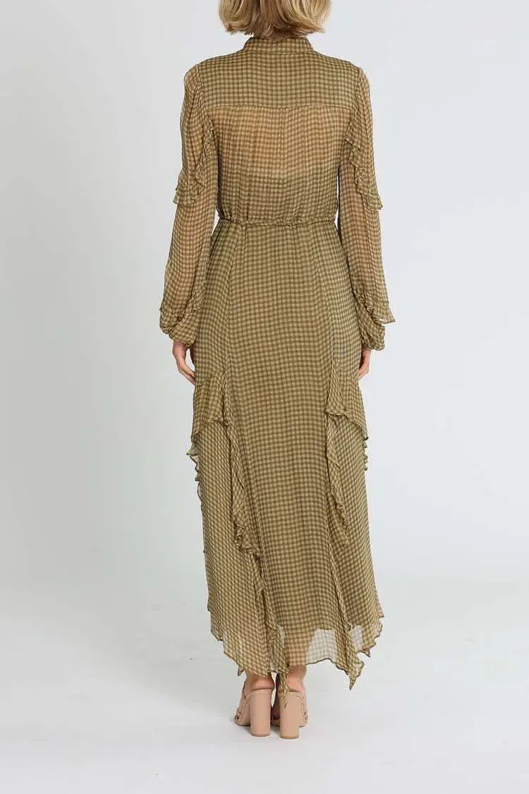 Shona Joy Eleonora Drawstring Frill Midi Dress Olive Khaki Print Size 10 - Image 3