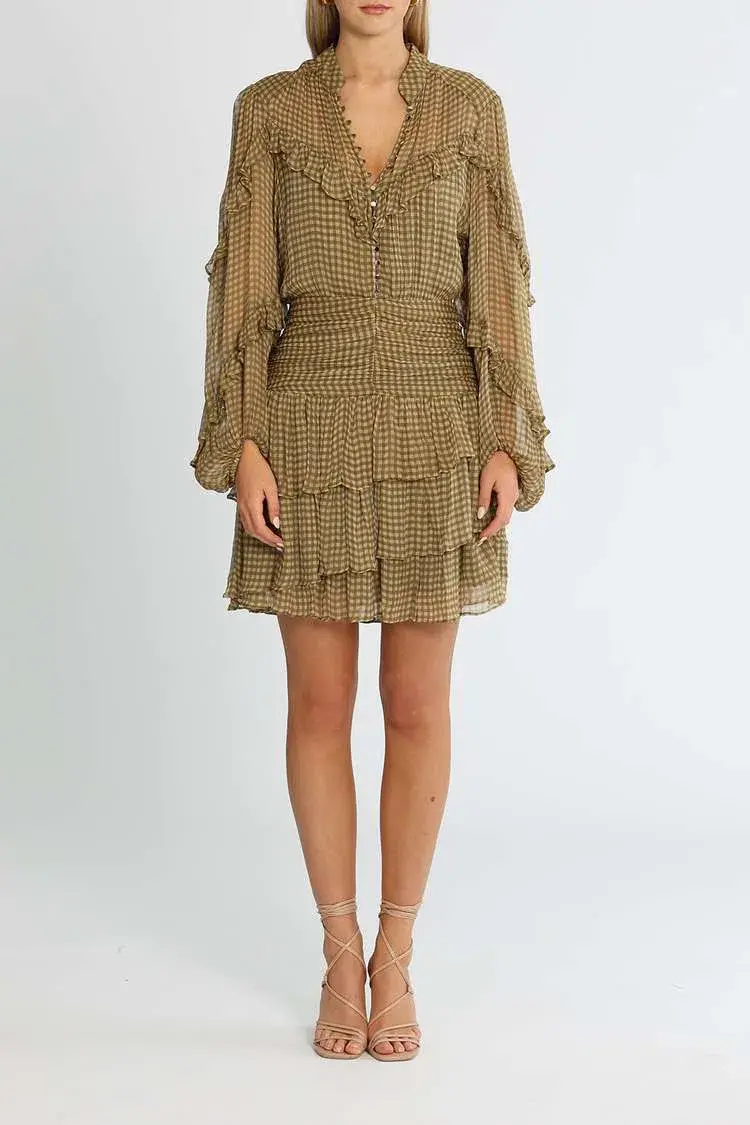 Shona Joy Eleonora Ruched Frill Mini Dress Olive Khaki Print Size 8 - Image 1