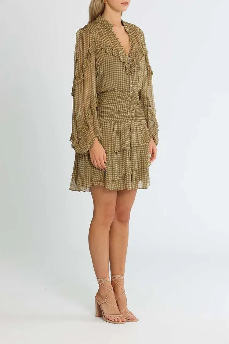 Shona Joy Eleonora Ruched Frill Mini Dress Olive Khaki Print Size 8 - Image 2