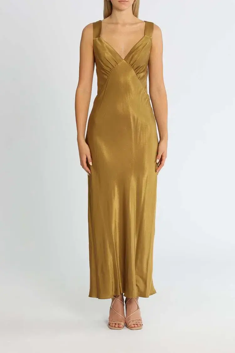 Shona Joy Giorgia Plunged Midi Dress Olive Oil Khaki Size 12 - Image 1