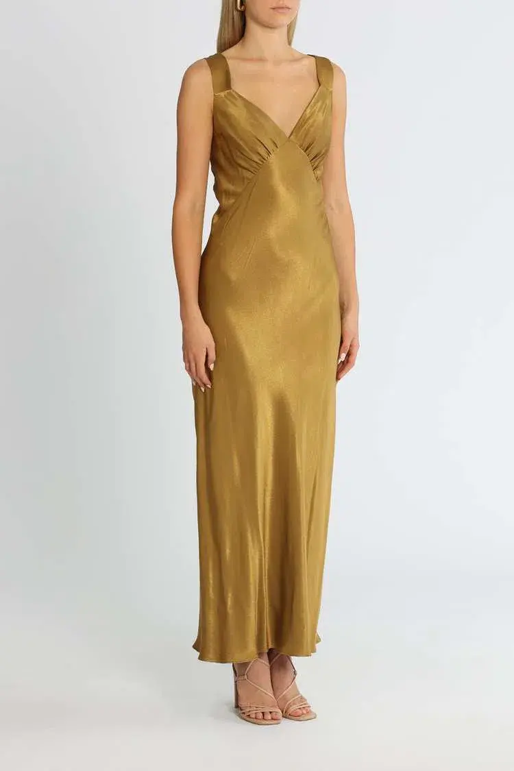 Shona Joy Giorgia Plunged Midi Dress Olive Oil Khaki Size 12 - Image 2