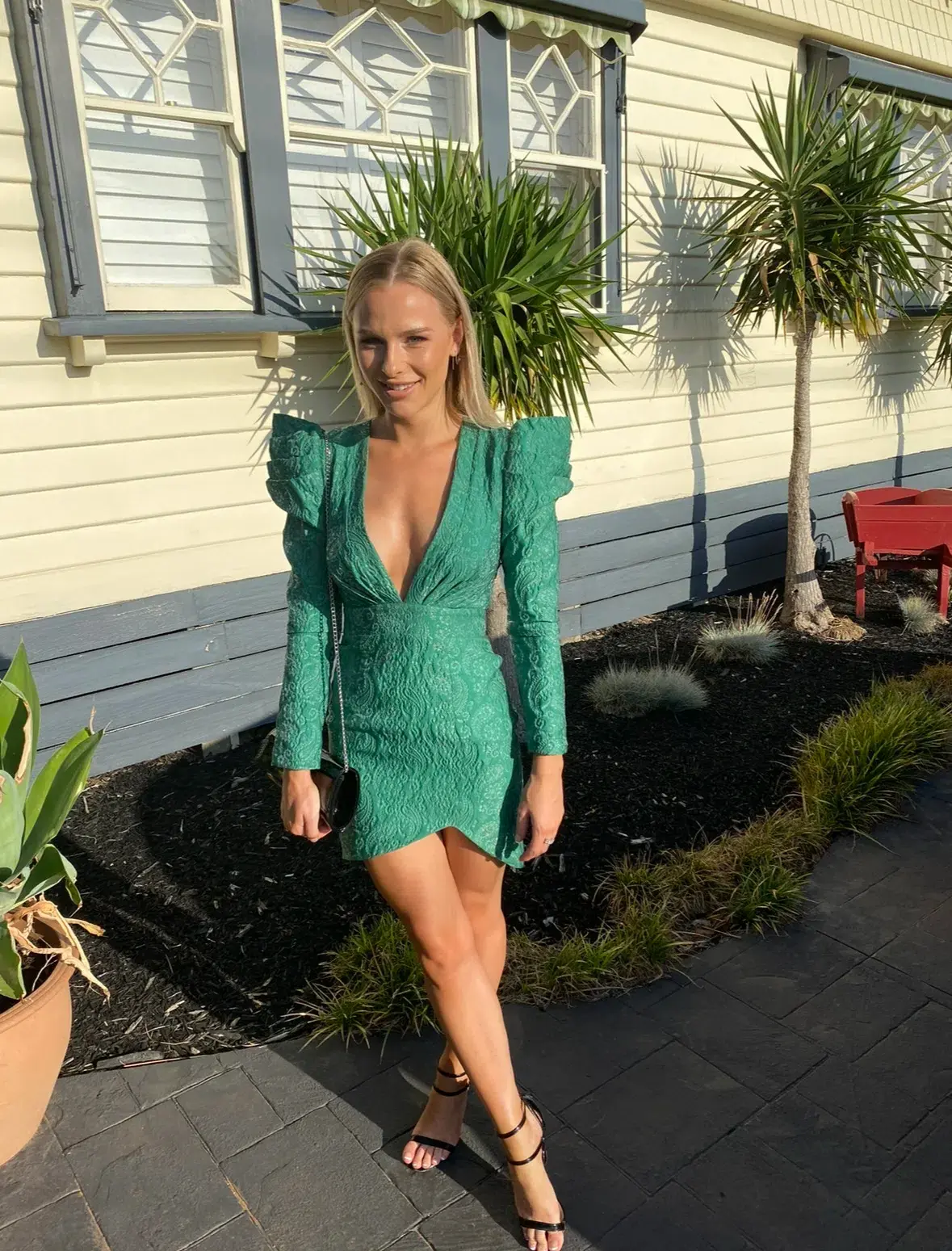 Nicola Finetti V Neck Puff Sleeve Mini Dress in Emerald Size 6 - Image 1