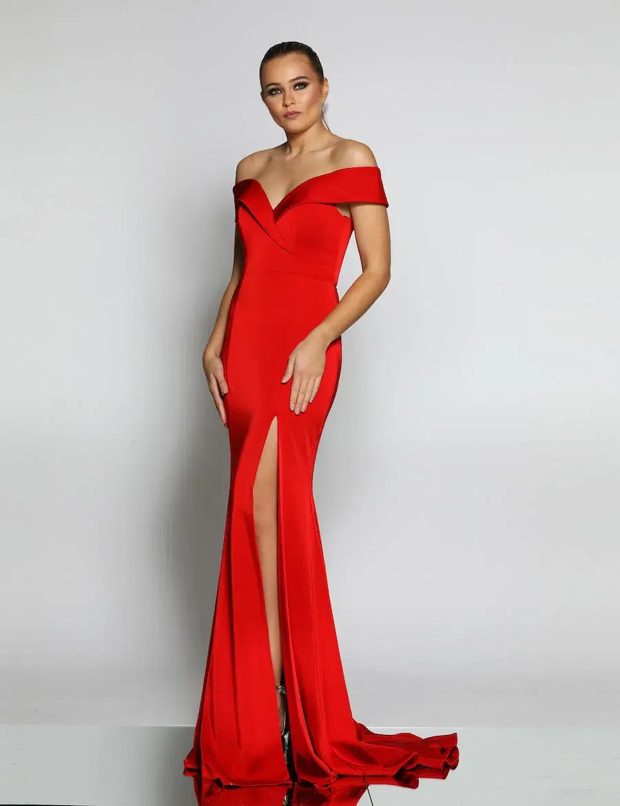 J'Adore Eva JX003 Off Shoulder Gown Red Size 14 - Image 1