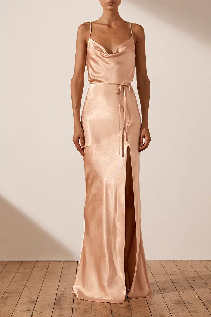 Shona Joy La Lune Bias Cowl Maxi Dress with Split and Tie in Desert Rose Size 16 - Image 1