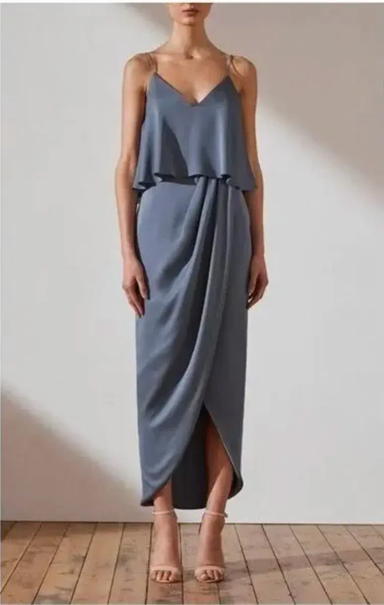 Shona Joy Luxe Draped Cocktail Frill Dress Charcoal Size 16 - Image 1