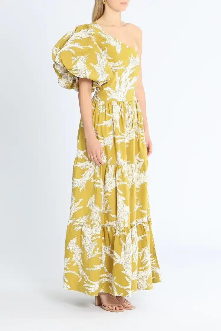 SWF Puff Sleeve Maxi Dress Khaki Print Size 12 for rent on The Volte - main image