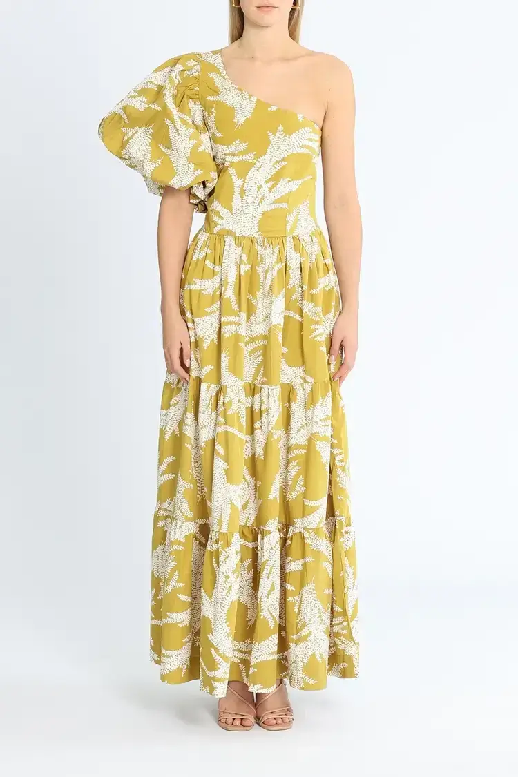 SWF Puff Sleeve Maxi Dress Khaki Print Size 12 - Image 1