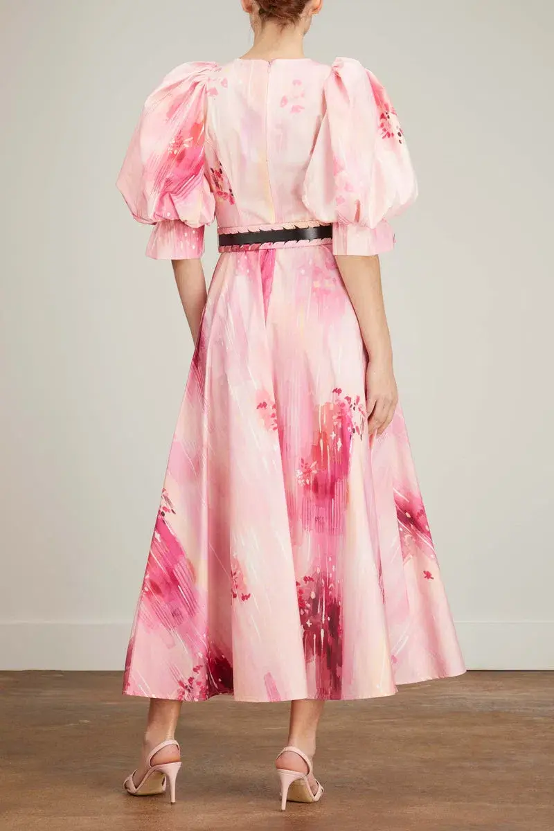 Leo Lin Clementine Puff Sleeve Midi Dress in Pink Flora Print Size 14 - Image 2