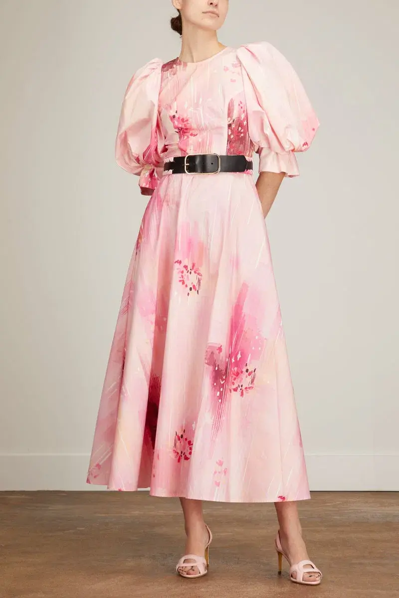 Leo Lin Clementine Puff Sleeve Midi Dress in Pink Flora Print Size 14 - Image 1