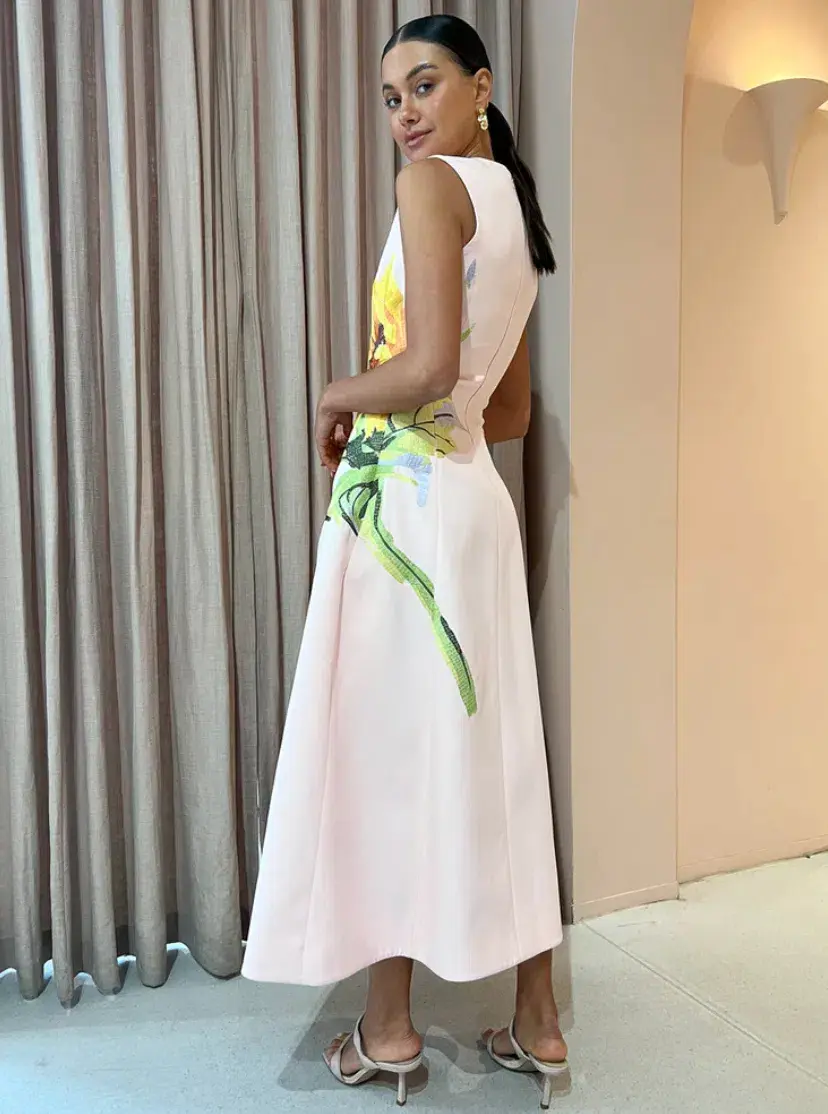 Leo Lin Cleo Sleeveless Midi Dress Sunflower Print in Pink Size 14 - Image 4