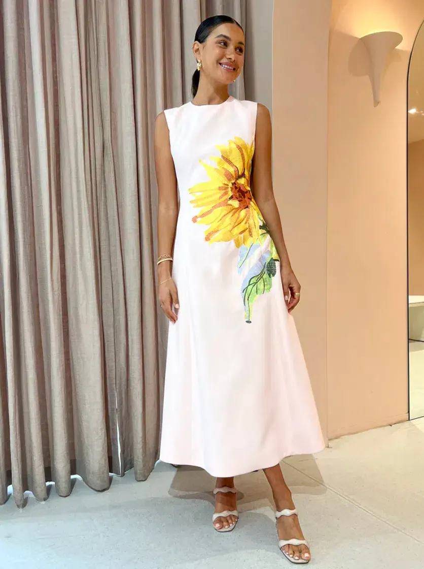 Leo Lin Cleo Sleeveless Midi Dress Sunflower Print in Pink Size 14 - Image 1
