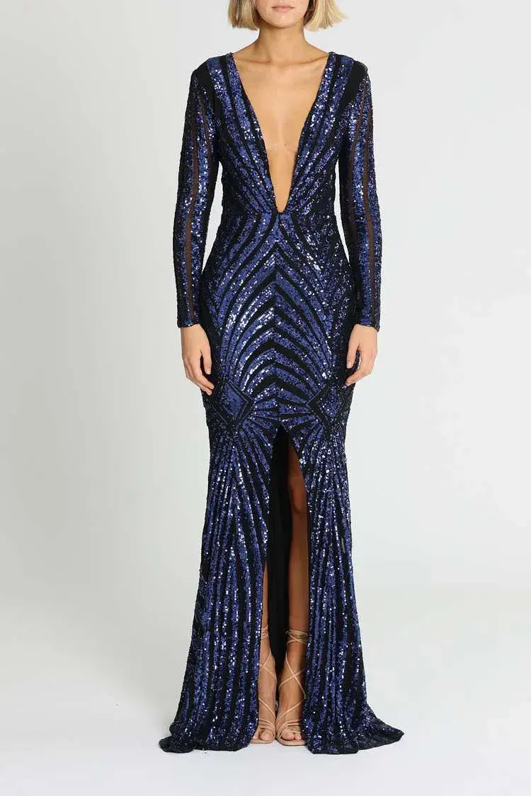 Ae'lkemi  Art Deco Sequin Gown Navy Size 10 for rent on The Volte - main image