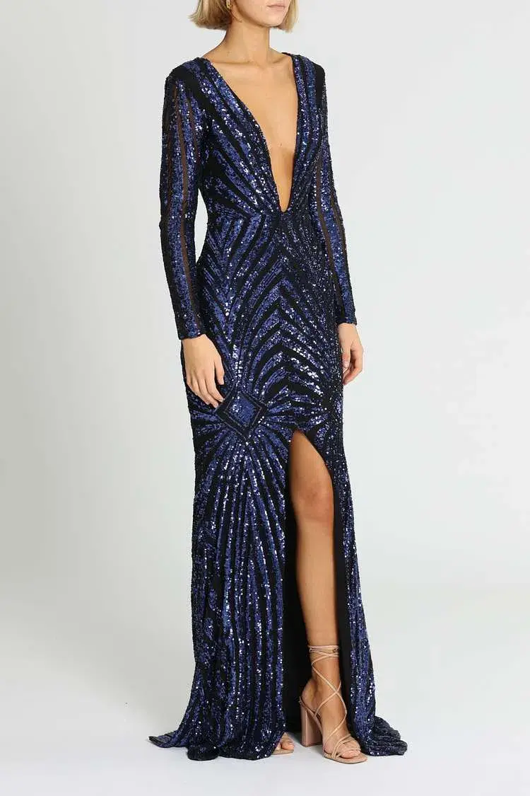 Ae'lkemi  Art Deco Sequin Gown Navy Size 10 for rent on The Volte - main image