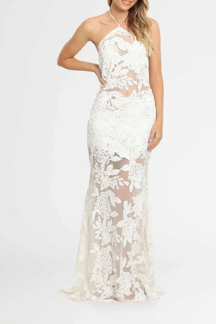 Ae'lkemi Floral Sequin Backless Dress White Size 10 - Image 1